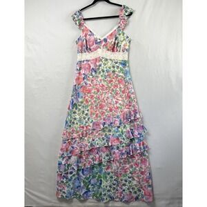 SO Floral Tiered Maxi Dress Womens XL Ruffled Green Blue Lace Cottage Romantic